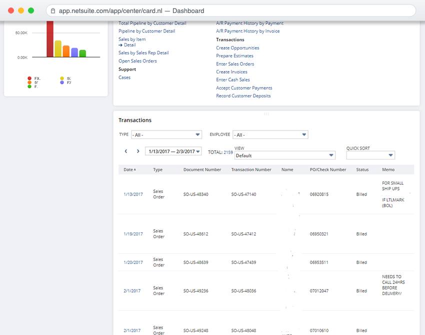 A NetSuite dashboard shown in a browser window, with sales-order transactions and KPI charts